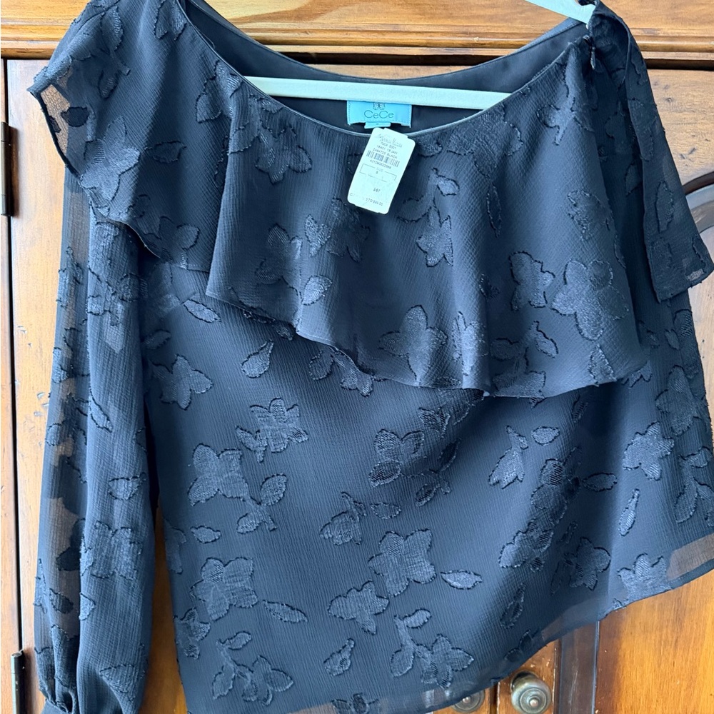 CeCe Black Floral Ruffle off the Shoulder Blouse